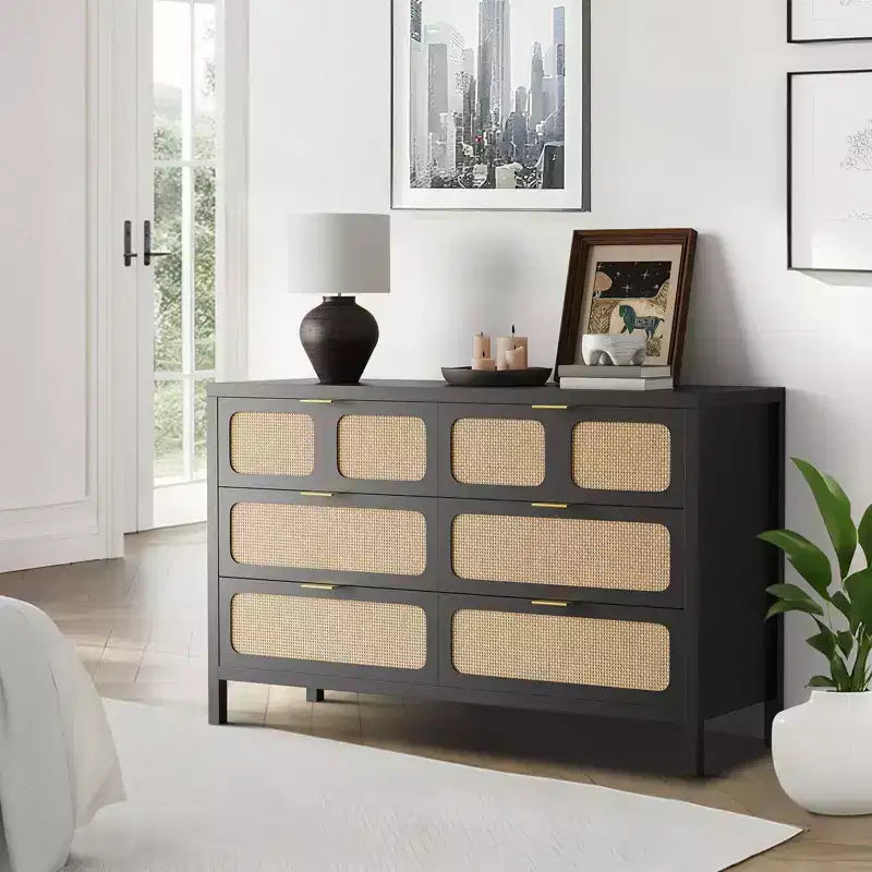 Commode à 6 tiroirs en rotin, poignées en métal, pieds en bois, style bohème et ferme, rangement chêne pour chambre, salon, couloir, entrée
