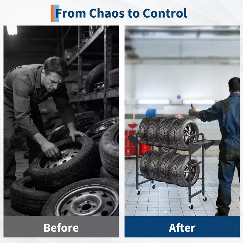 Support à pneus, capacité de 227 kg, support de rangement de pneus roulant réglable avec 2 étagères et 4 roulettes pivotantes pour garage, pneus de VUS et de camions, noir