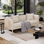 Canapé moderne en similicuir 83, 3 places avec assise profonde et pieds en bois, coussins ergonomiques et 2 coussins décoratifs pour salon, chambre ou appartement