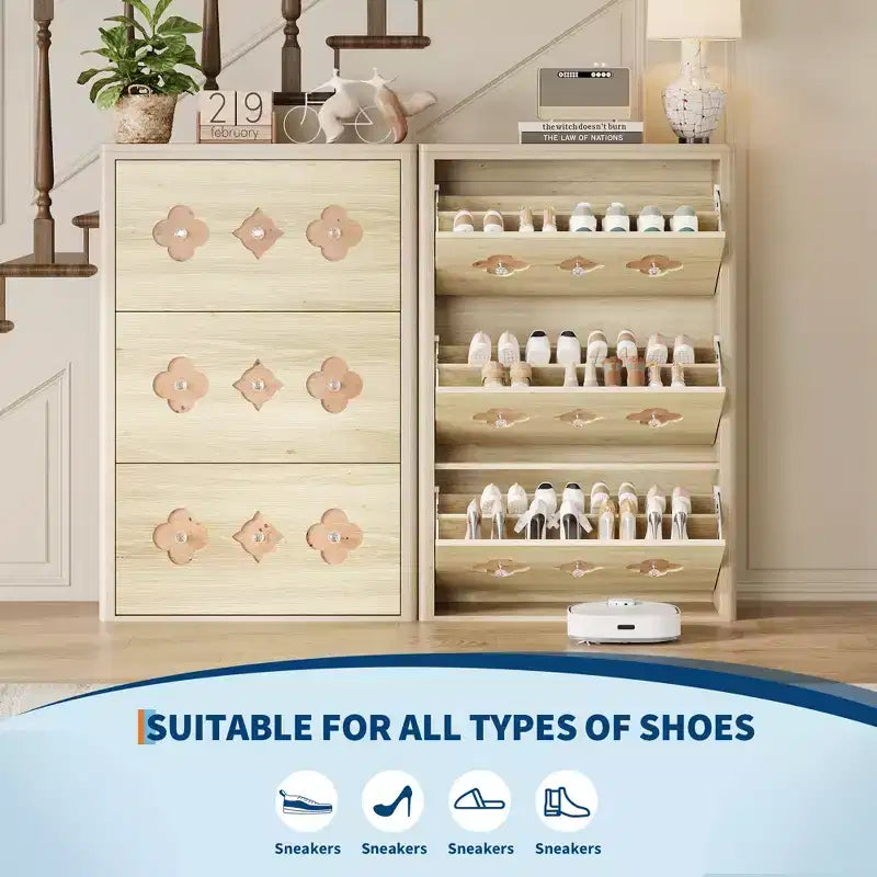Meuble à chaussures Garvee avec 3 tiroirs basculants sculptés, poignées en cristal, meuble de rangement pour chaussures avec étagère réglable, meuble à chaussures de rangement en bois