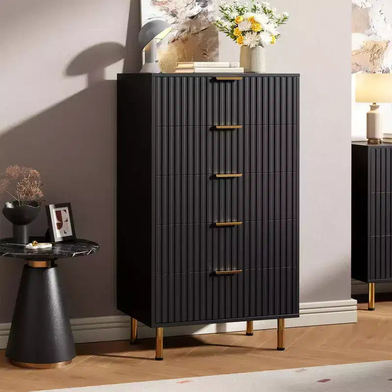 Commode moderne en bois de 122 cm de haut avec 5 tiroirs cannelés profonds et un large plateau pour chambre à coucher, salon, couloir, chambre d'enfant