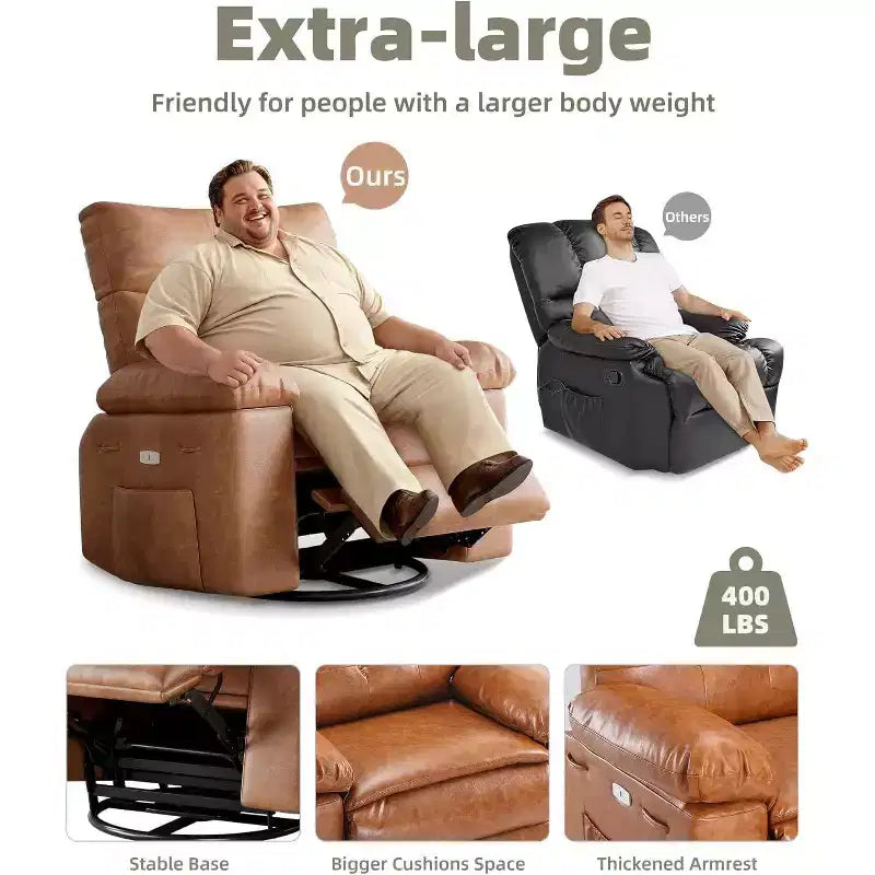 Fauteuil inclinable manuel surdimensionné Acekool, fauteuil de salon en similicuir avec accoudoirs rembourrés, siège large et poche latérale pour salon, chambre, marron