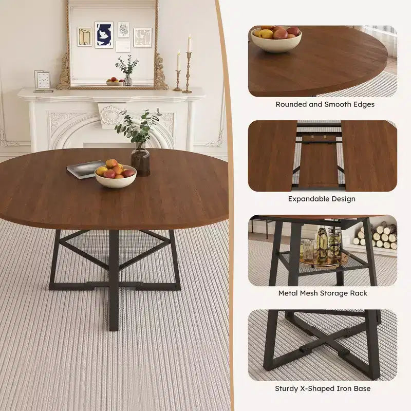 GDFStudio Rakesh Table à manger ronde extensible moderne en métal avec étagère à grille métallique