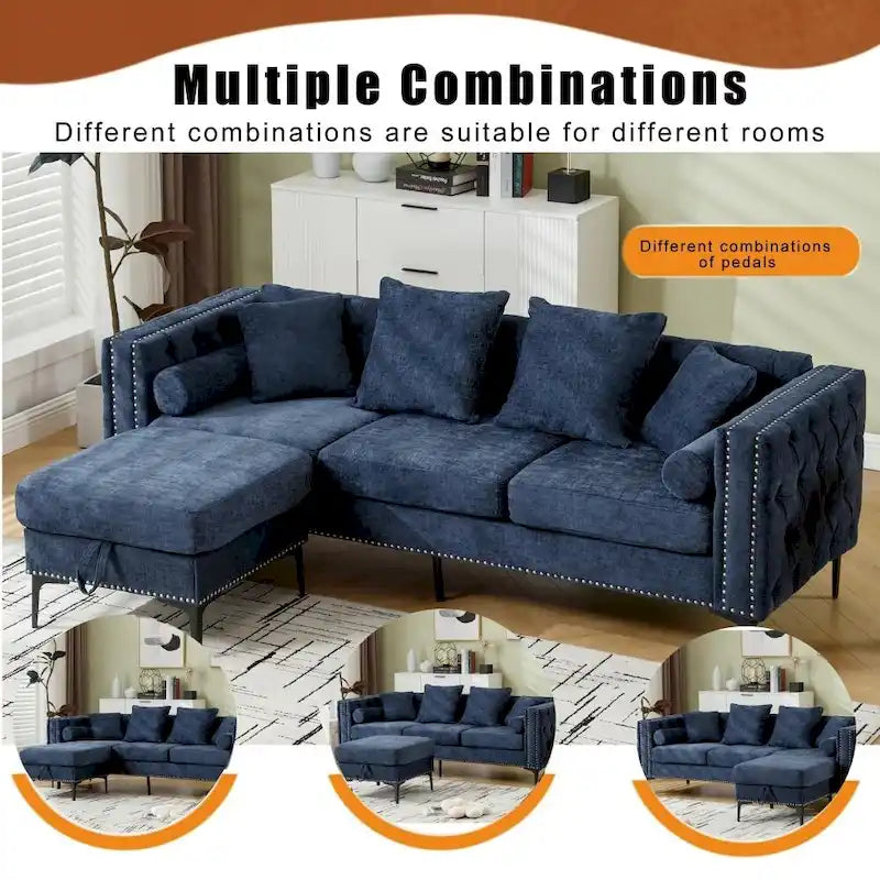 Canapé sectionnel convertible moderne en forme de L en chenille capitonnée