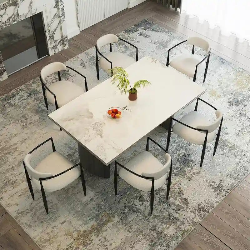Ensemble de salle à manger extensible moderne et minimaliste 9 pièces 94.48 avec plateau en pierre frittée et double piédestal, avec 8 chaises en tissu