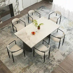 Ensemble de salle à manger extensible moderne et minimaliste 9 pièces 94.48 avec plateau en pierre frittée et double piédestal, avec 8 chaises en tissu