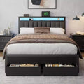 Cadre de lit Queen avec station de recharge, lumières LED, 2 tiroirs de rangement, tête de lit rembourrée grise, support métallique, pas besoin de sommier tapissier