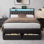 Cadre de lit Queen avec station de recharge, lumières LED, 2 tiroirs de rangement, tête de lit rembourrée grise, support métallique, pas besoin de sommier tapissier