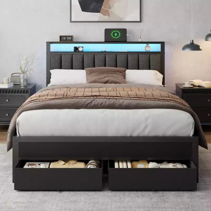 Cadre de lit Queen avec station de recharge, lumières LED, 2 tiroirs de rangement, tête de lit rembourrée grise, support métallique, pas besoin de sommier tapissier