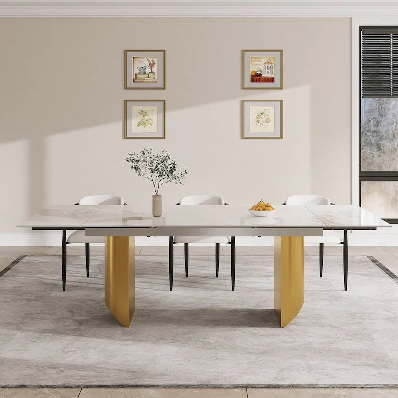 Ensemble de salle à manger moderne minimaliste 9 pièces avec plateau en pierre frittée extensible et double piédestal de 240 cm