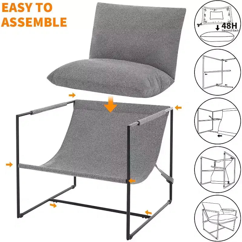 Fauteuil d'appoint suspendu pour salon, fauteuil douillet moderne à cadre métallique, chaises rembourrées avec coussin en mousse déchiquetée, chaise longue