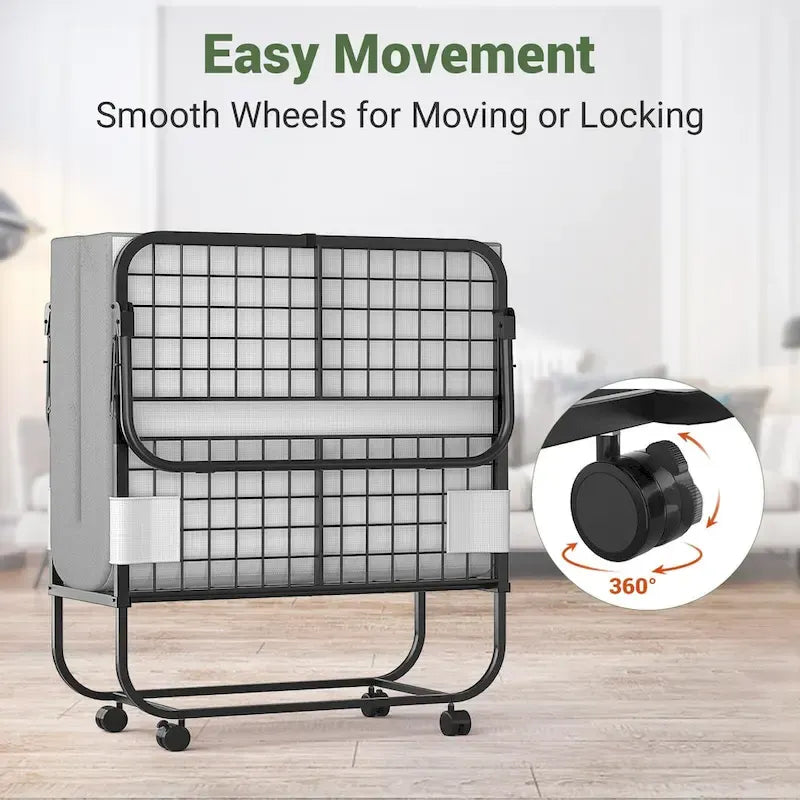 Lit d'appoint pliant roulant en acier gris et noir avec matelas en mousse à mémoire de forme de 5 et roues pour 1 personne