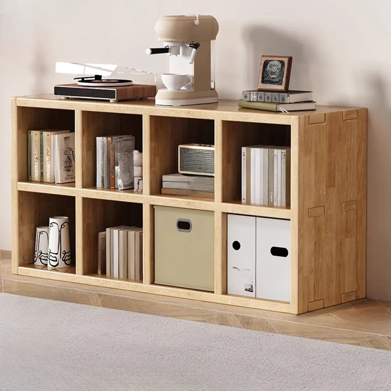 Bibliothèque moderne horizontale en bois à 8 cubes, finition naturelle