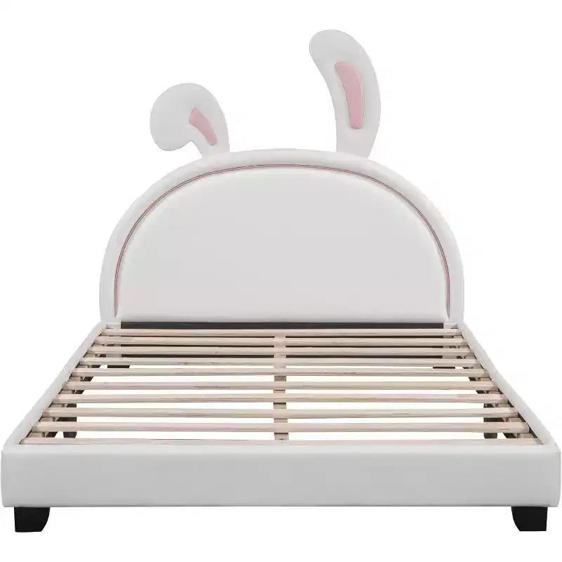 Cadre de lit double, cadre de lit avec ornement de lapin pour enfants, lit plateforme en cuir rembourré avec tête de lit à oreilles, montage facile, blanc