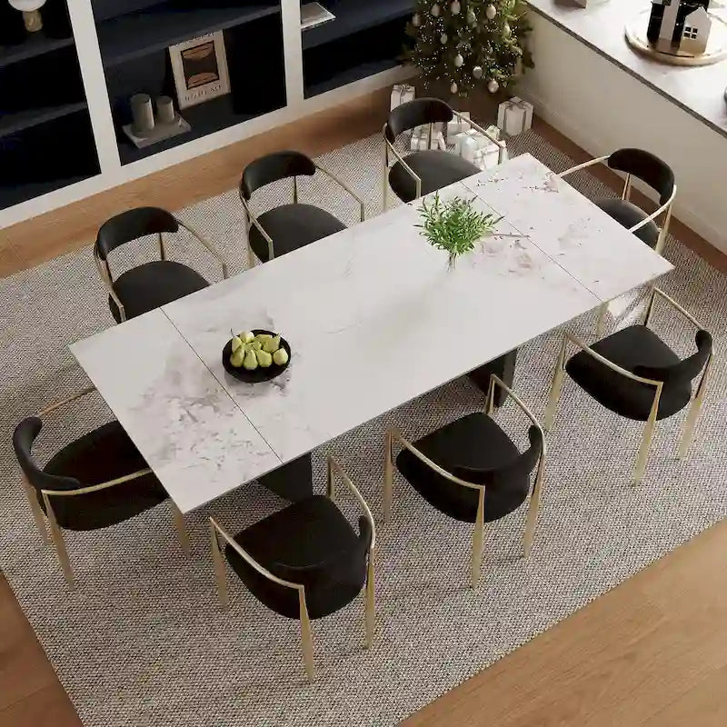 Ensemble de salle à manger extensible moderne et minimaliste 9 pièces 94.48 avec plateau en pierre frittée et double piédestal, avec 8 chaises en tissu