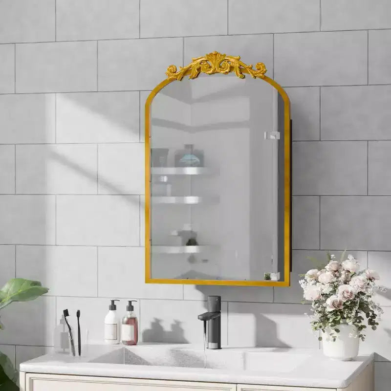 Armoire à pharmacie en fer forgé doré de 19,5 x 29,64 pouces avec miroir, armoire de salle de bain avec miroir sculpté