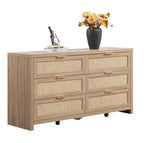 Commode à 6 tiroirs avec façade en rotin, 144 cm de large, Commode à 3 tiroirs avec roulettes, Armoire de rangement en bois épais et robuste pour chambre à coucher, salon