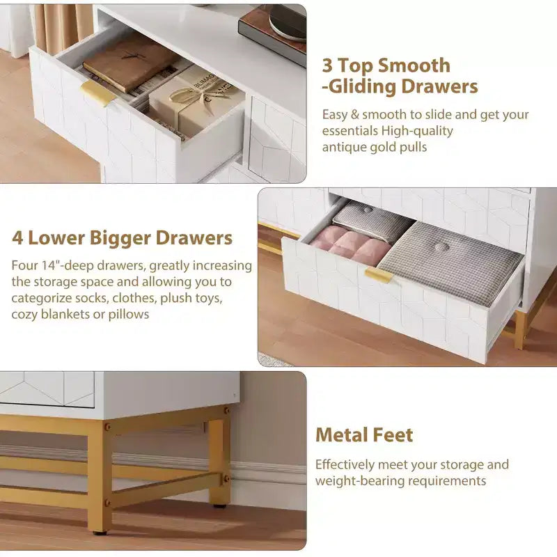 Commode pour chambre à coucher, commode de 136 cm de large avec 7 tiroirs, poignées et pieds en métal doré, commode moderne pour placard, couloir