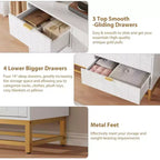 Commode pour chambre à coucher, commode de 136 cm de large avec 7 tiroirs, poignées et pieds en métal doré, commode moderne pour placard, couloir