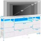 Commode noire de 160 cm pour chambre à coucher, commode à 10 tiroirs, meuble TV pour téléviseur de 65, 70, 75 pouces, commode en tissu avec lumières LED et prises de courant