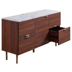 Buffet Ashton avec plateau en faux marbre Noyer – Teamson Home : Rangement Mid-Century, Pieds en laiton, Poignées en métal