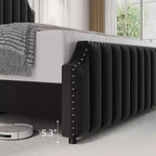 Cadre de lit en velours, tête et pied de lit matelassés à rayures verticales avec rivets, lit plateforme rembourré, lattes en bois robustes