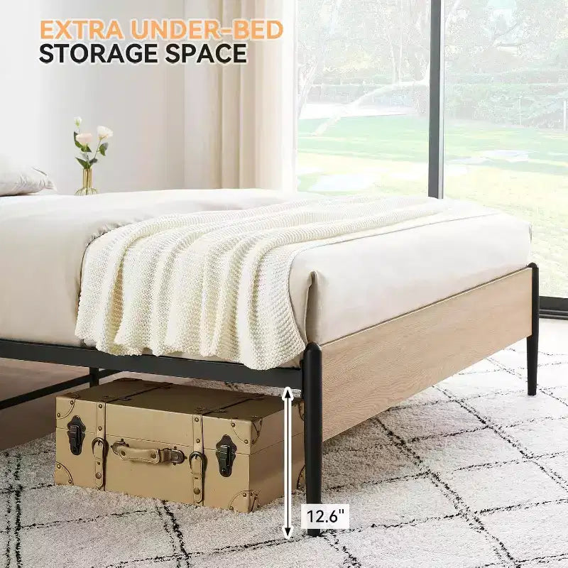 Cadre de lit en rotin intégral Acekool, tête de lit en rotin naturel, plateforme bohème, rangement sous le lit, sommier tapissier non requis, chêne blanc