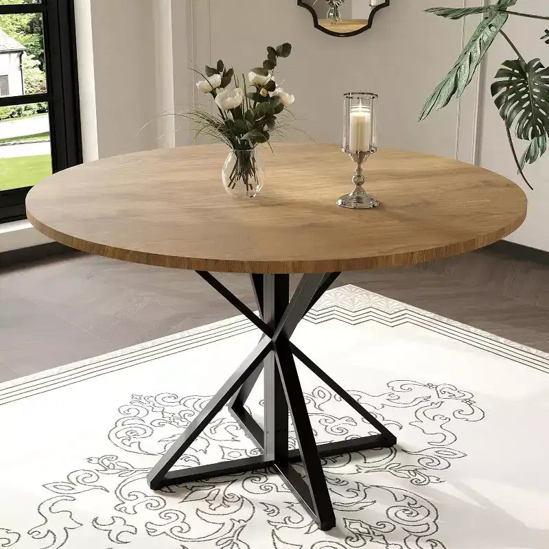 Table de salle à manger ronde de 120 cm pour 4 personnes, tables de cuisine en bois avec pied en métal et plateau en 4 parties, peu encombrante, table de dîner circulaire pour la maison