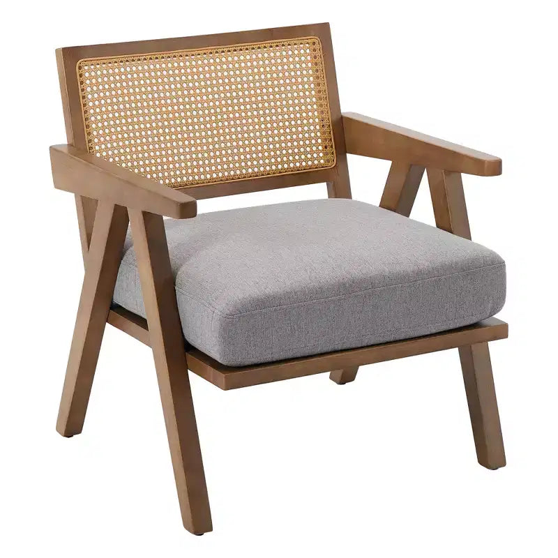 Fauteuil d'appoint de ferme du milieu du siècle - Fauteuil en bois avec dossier en rotin et coussin en lin pour salon, chambre