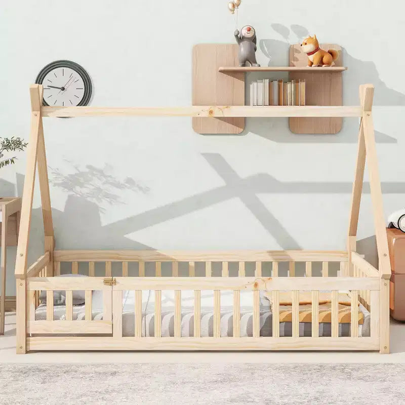 Okak Lit au sol simple/double avec toit amovible en forme de tente et rails de sécurité à 360° pour les tout-petits de 2 à 6 ans, lit pour enfants facile à monter, chambre d'enfant