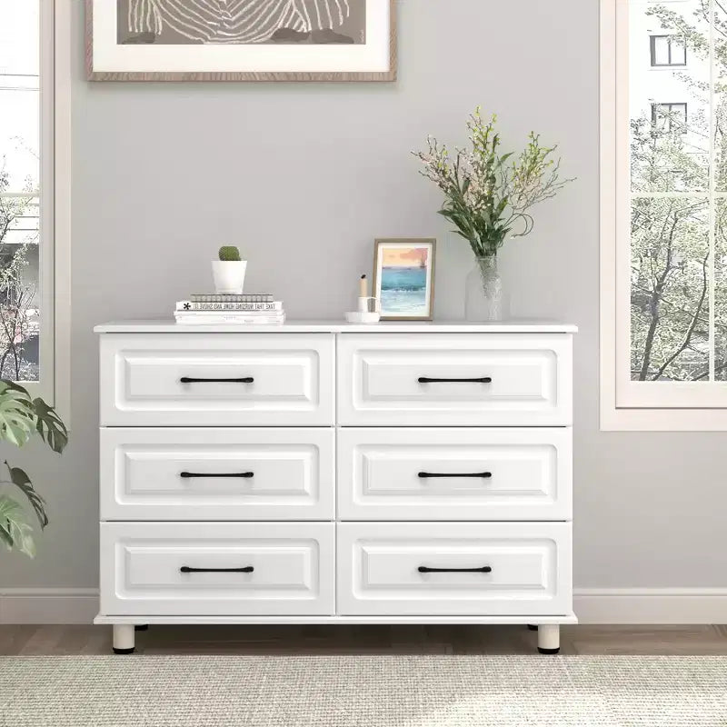 Commode blanche Sandinrayli pour chambre à coucher, commode large à 6 tiroirs, table de chevet moderne, commodes en bois avec poignées en acier, blanc