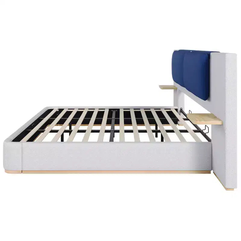 Cadre de lit plateforme capitonné Whisen King Size avec étagères de rangement latérales, tête de lit et panneau en PU doux, anti-collision, assemblage facile