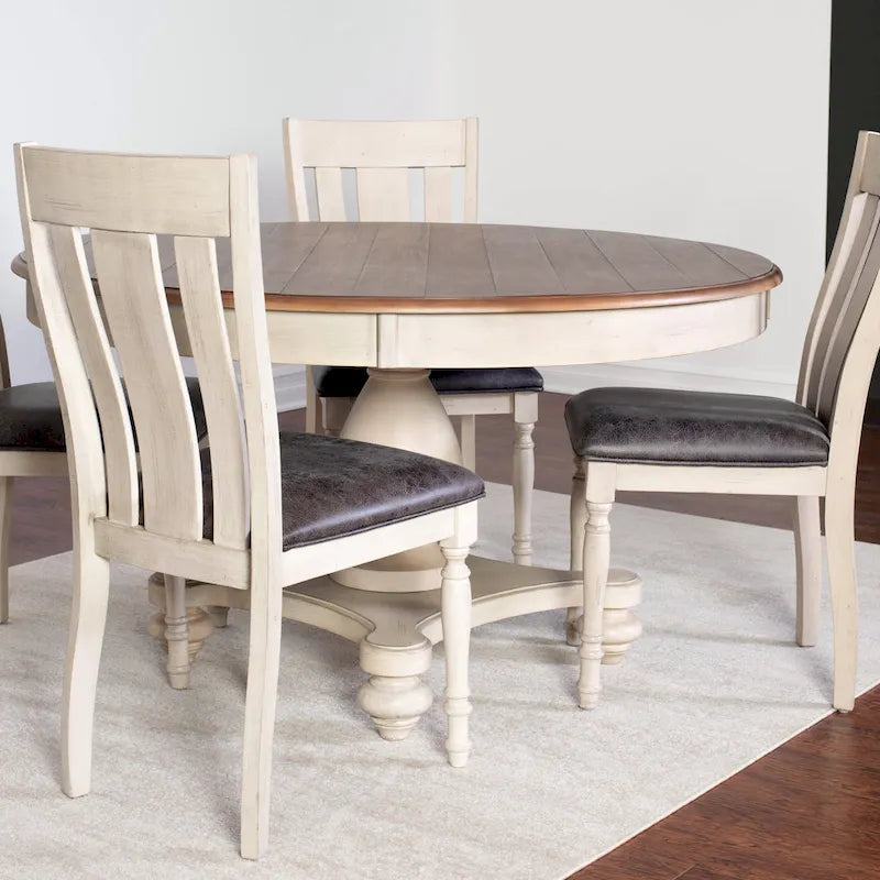 Ensemble de salle à manger Roundhill Furniture Arch en chêne vieilli : table ronde, quatre chaises