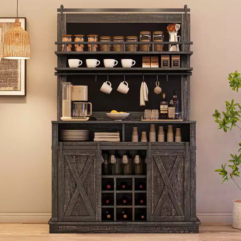 Meuble à café style ferme, 75 pouces de haut, buffet avec rangement, grand meuble de bar avec porte coulissante de style grange, salle à manger