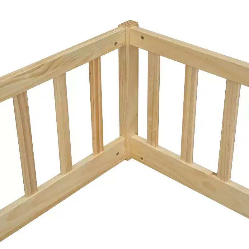Lit double Bellemave avec barrières de sécurité, en pin et bois composite, naturel et gris, sûr, robuste, peu encombrant, assemblage facile pour enfants