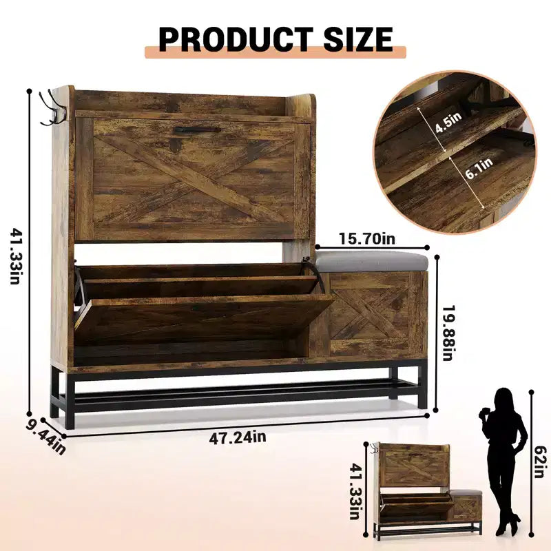 Meuble à chaussures avec banc, Meuble de rangement à chaussures étroit et mince de style rustique avec 2 tiroirs basculants pour entrée, salon, couloir