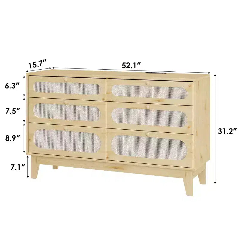52.1 Commode en rotin avec station de charge, commode en bois à 6 tiroirs pour chambre à coucher avec tiroirs de capacités variées