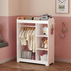 Commode pour enfants avec miroir et crochets, étagère en bois avec tringle à suspendre, 3 crochets latéraux, étagères, étagère supérieure, salle de jeux, chambre, chambre d'enfant, blanc