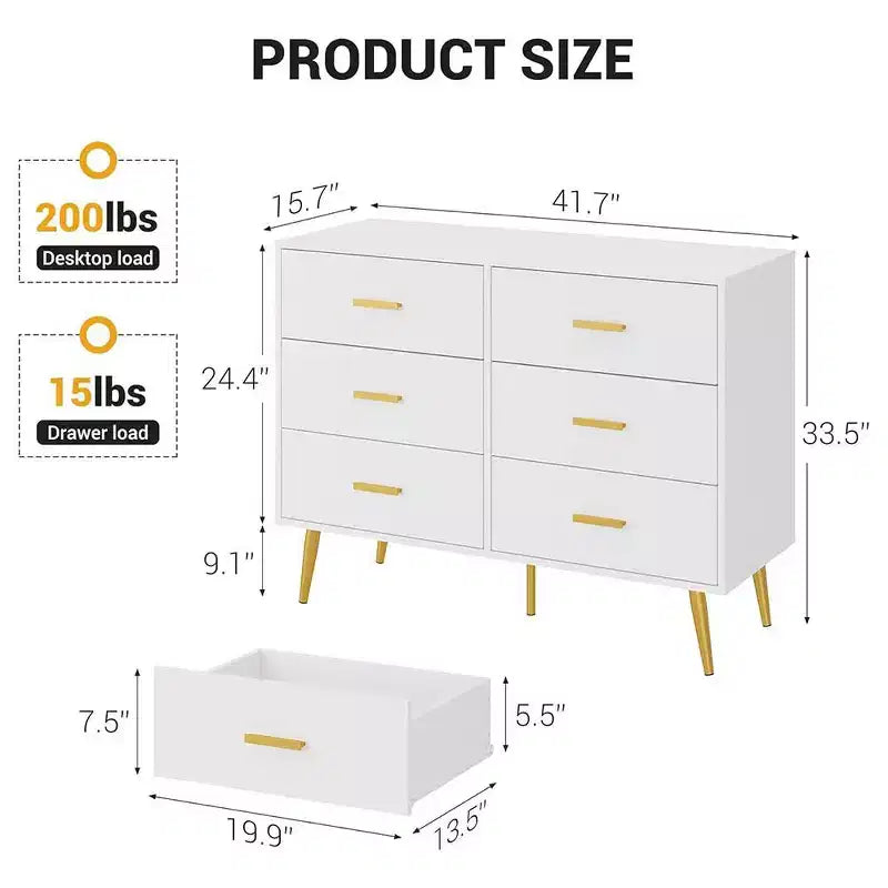 Commode moderne à 6 tiroirs avec espace de rangement, commode en bois avec poignées dorées, commode avec tiroirs profonds pour chambre à coucher, salon, bureau