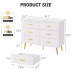 Commode moderne à 6 tiroirs avec espace de rangement, commode en bois avec poignées dorées, commode avec tiroirs profonds pour chambre à coucher, salon, bureau