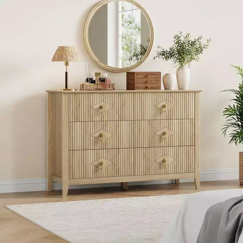 Acekool Commode cannelée à 6 tiroirs de 120 cm, Meuble de rangement moderne pour chambre à coucher, salon