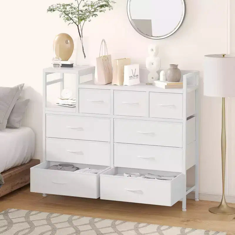 COZONY Commode de rangement à 9 tiroirs de 86,4 cm de haut et meuble TV, Tour de rangement en tissu, Rangement à cadre en acier robuste pour le salon, utilisation dans les petits espaces