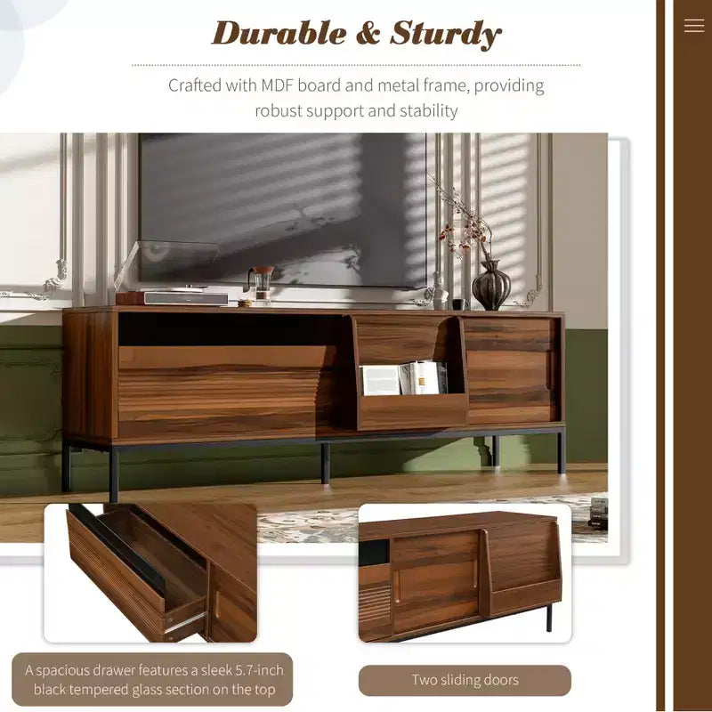 Meuble TV moderne pour téléviseurs jusqu'à 75 pouces, meuble de divertissement en bois de 180 cm avec rangement et porte coulissante, table console multimédia pour salon et chambre