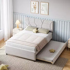 Lit gigogne jumeau, cadre de lit plateforme rembourré taille Queen, lit coulissant avec tête de lit, support à lattes en bois, pour chambre à coucher, salon, chambre d'amis