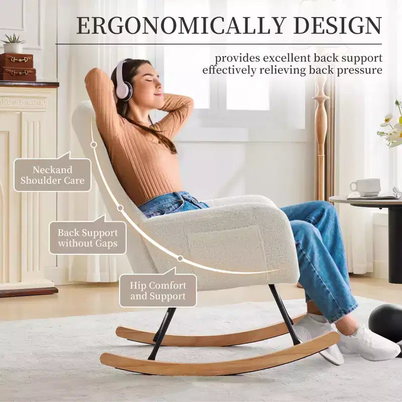 Fauteuil à bascule pour chambre d'enfant, dossier haut, accoudoirs et poches latérales, fauteuil d'appoint moderne et confortable pour chambre à coucher, salon