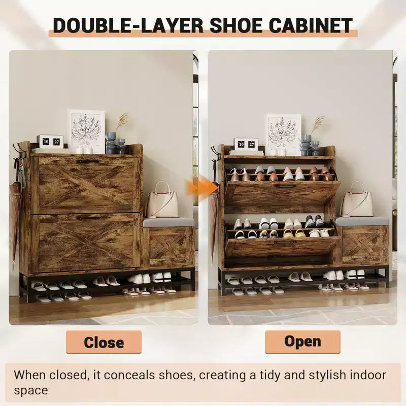 Meuble à chaussures avec banc, Meuble de rangement à chaussures étroit et mince de style rustique avec 2 tiroirs basculants pour entrée, salon, couloir