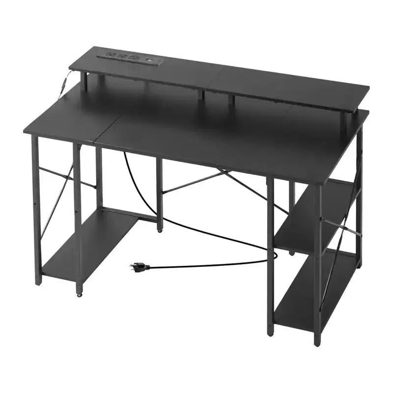 VEVOR Bureau de Gaming 47" avec Lumières LED et Prises de Courant, Bureau d'Ordinateur avec Support de Moniteur et Étagères de Rangement à 2 Niveaux, pour Études et Travail, Noir
