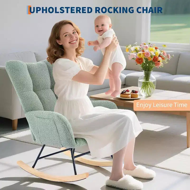 Fauteuil à bascule Teddy avec oreiller et dossier haut, fauteuil d'appoint rembourré en tissu pour chambre d'enfant, salon, chambre à coucher