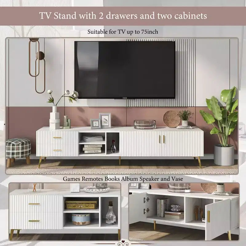 Meuble TV TROPOW avec tiroir de rangement, centre de divertissement avec 2 portes d'armoire et 2 tiroirs, meuble TV bas pour téléviseurs jusqu'à 75 pouces, blanc