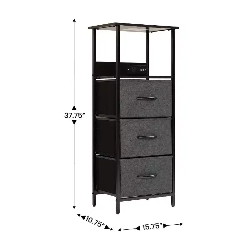 Table de chevet Emma et Oliver avec 3 tiroirs en tissu, station de charge avec 2 ports USB/prise de courant, dessus en bois composite, poignées en bois, cadre en métal